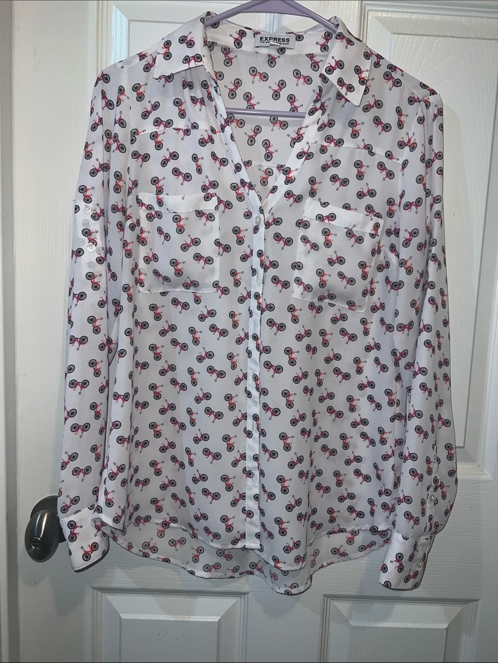 Express White Blouse with Pink and Black Scooter Print